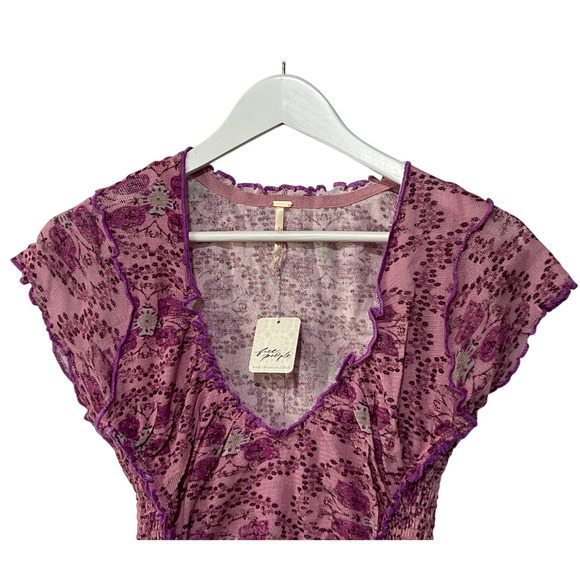 FREE PEOPLE TOP WOMENS MEDIUM OH MY BABY COTTON STRETCH TEE LILAC PINK BOHO - Picture 7 of 13